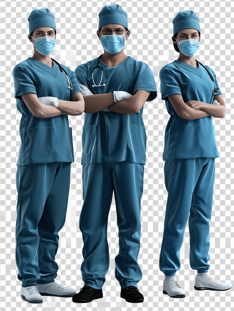 A neutral background, three full body male and female doctors wearing blue scrubs with arms crossed pose and mask on face, realistic photo, hyperrealistic, high resolution, transparent png, white shoes, full length shot, wide angle view. The doctors are posed in the style of realistic medical professionals.