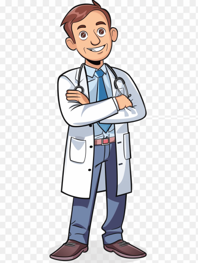 A cartoon male doctor standing with his arms crossed, smiling and looking friendly isolated on a transparent background. The image is in the style of a friendly doctor.