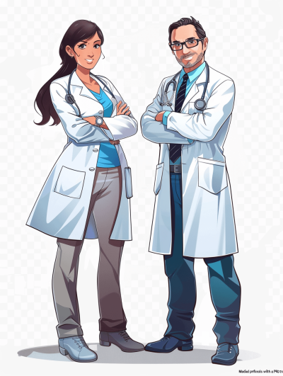 Medical portrait with male and female characters, both wearing white coats on transparent background. Cartoon or anime style. No text. Full body portrait of two doctors standing side by side. The woman is tall with long dark hair tied back in an elegant bun hairstyle, she wears glasses and has blue eyes. She stands next to the man who resembles actor Inge Pascal, he's short, with brown medium length straight hair and grey-green colored eyes, he also works as doctor at Beyog samaeine. They wear different medical attire in the style of different artists.