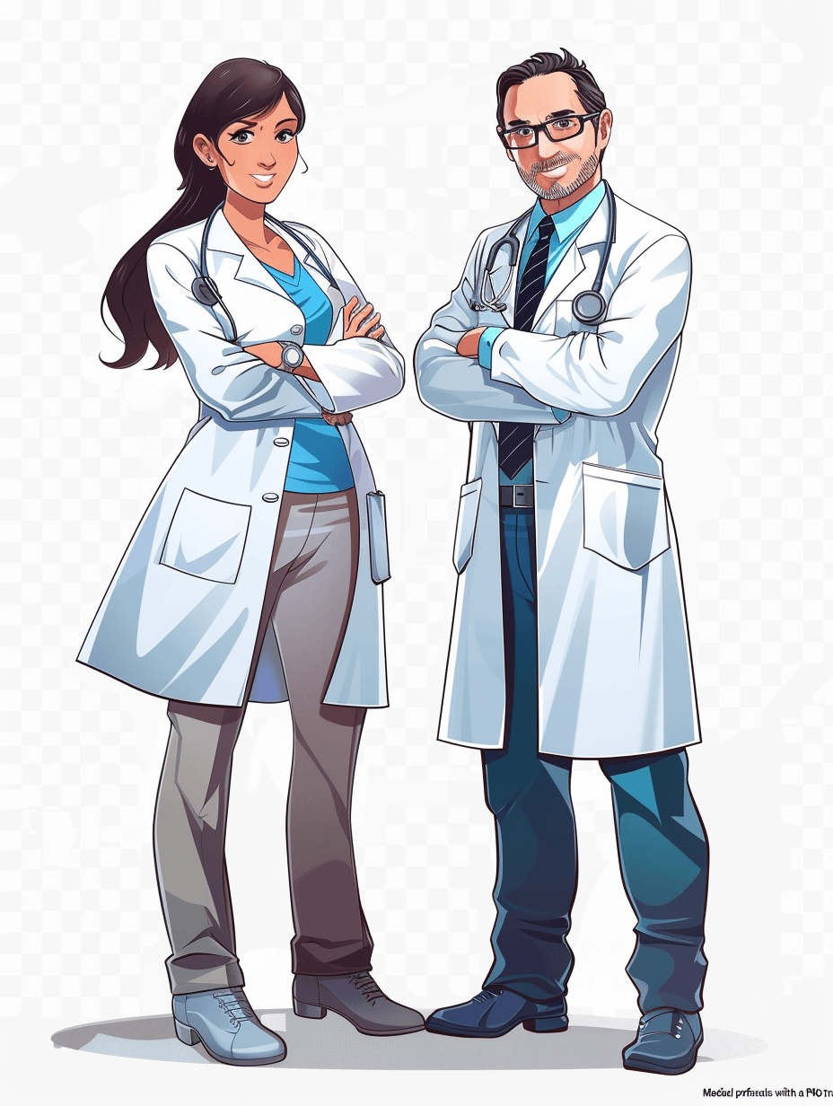 Medical portrait with male and female characters, both wearing white coats on transparent background. Cartoon or anime style. No text. Full body portrait of two doctors standing side by side. The woman is tall with long dark hair tied back in an elegant bun hairstyle, she wears glasses and has blue eyes. She stands next to the man who resembles actor Inge Pascal, he’s short, with brown medium length straight hair and grey-green colored eyes, he also works as doctor at Beyog samaeine. They wear different medical attire in the style of different artists.