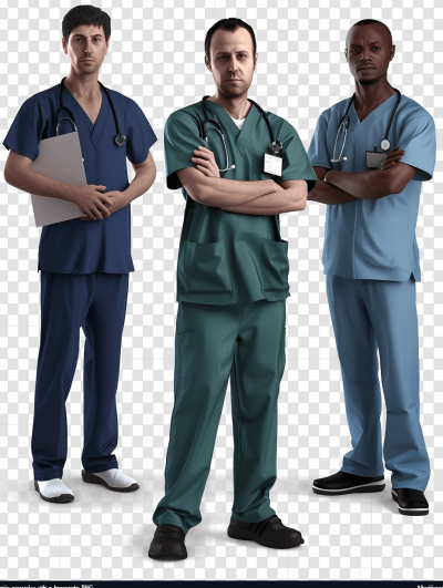 3 male doctors standing with their arms crossed, wearing scrubs and shoes on a transparent background, in a hyper realistic photographic style.