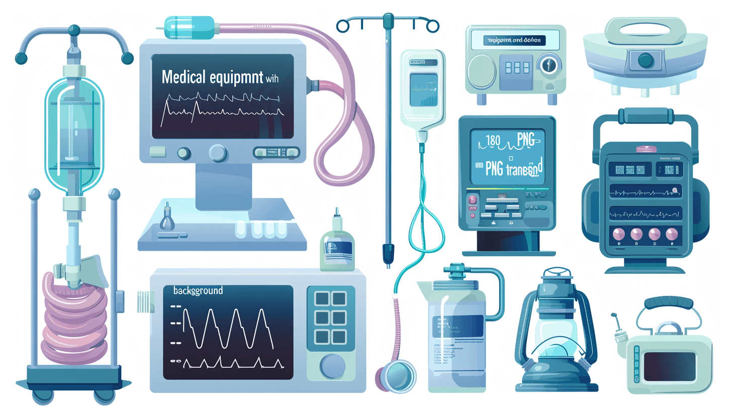 A set of medical equipment, including an ECG monitor and IV stand, clip art cartoon vector illustration isolated on white background.