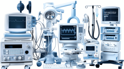 The photo shows various medical equipment including monitors with a white background and a blue color scheme. The equipment is arranged in front of the camera, creating an atmosphere that highlights their role as tools for healthcare activities. There is no text on it or any other elements to emphasize its focus. It seems like part of some kind of health care product advertisement or presentation, showing different types of medical devices used in the style of doctors and nurses at desks.