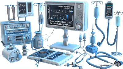 medical equipment and devices with a transparent background. Use simple shapes, soft blue colors, and a white background to create an atmosphere of calmness and precision in the subject area. The focus is on showcasing various types of life support systems and instruments for heart operations, including monitors that monitor health data from a patient's body. Create a realistic photography style.