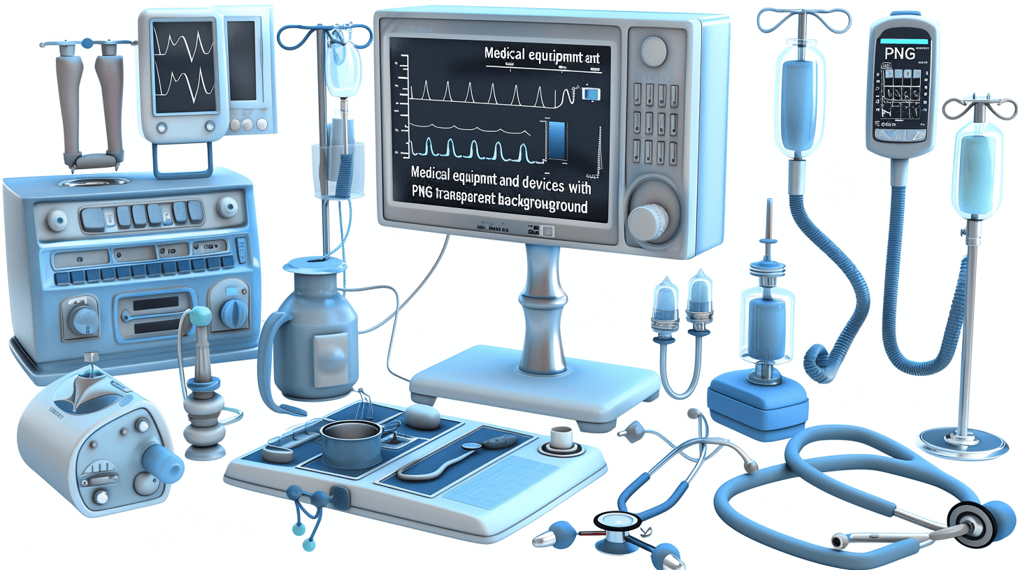 medical equipment and devices with a transparent background. Use simple shapes, soft blue colors, and a white background to create an atmosphere of calmness and precision in the subject area. The focus is on showcasing various types of life support systems and instruments for heart operations, including monitors that monitor health data from a patient’s body. Create a realistic photography style.