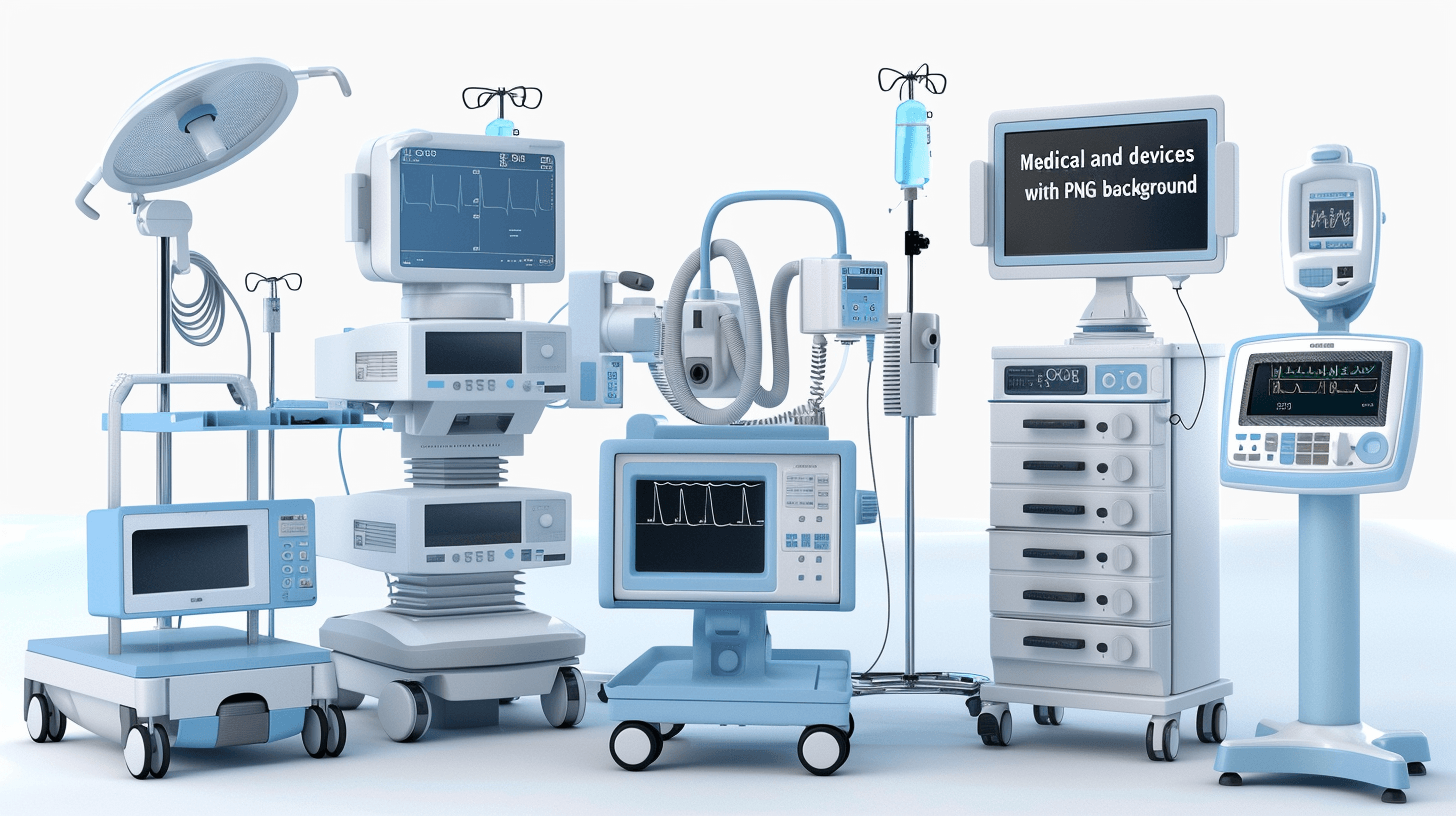 medical devices with a white background, no text or letters in the picture, in the style of a cartoon, 3D renderings of various modern hospital equipment including life support machines and monitors, a 2D illustration, simple design, white isolated background, high resolution, very detailed, high quality artwork with fine details.