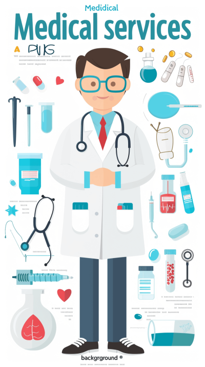 An infographic poster of "Medical services", in a flat design style, with vector illustrations including icons and text on a white background. The illustration depicts a full body male doctor standing straight wearing glasses and holding a stethoscope around his neck, with medical instruments such as a syringe, vial bottle and needle standing nearby, featuring vibrant colors and clear font for the title and information.