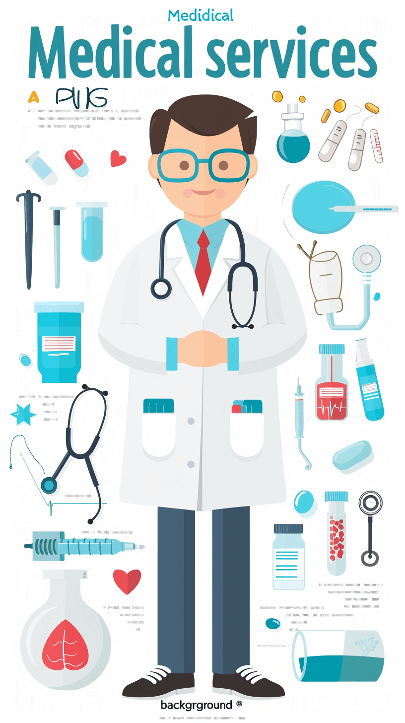 An infographic poster of “Medical services”, in a flat design style, with vector illustrations including icons and text on a white background. The illustration depicts a full body male doctor standing straight wearing glasses and holding a stethoscope around his neck, with medical instruments such as a syringe, vial bottle and needle standing nearby, featuring vibrant colors and clear font for the title and information.