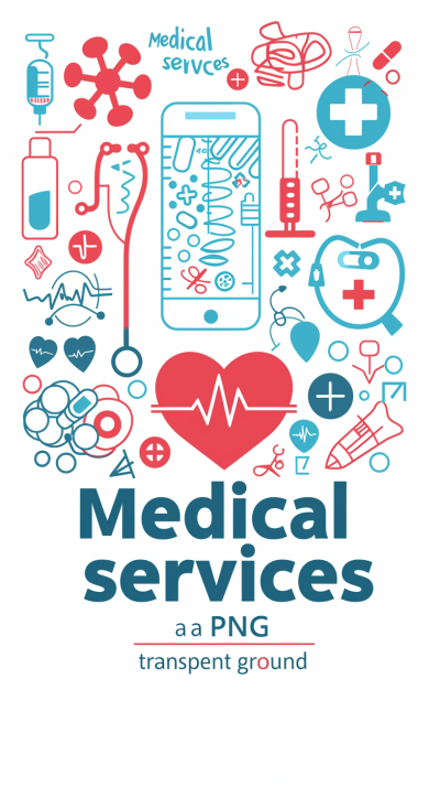 medical services logo with various health symbols around it such as heart, phone and stethoscope on transparent background, flat design, vector illustration style, simple lines, white background" is written in the center of an A4 page, medical service text at bottom " med scout", "n很大程度ющем". The colors used for all elements are red, blue and grey to create contrast between them and make each element stand out clearly." Vector graphics, no shadows or lighting effects.