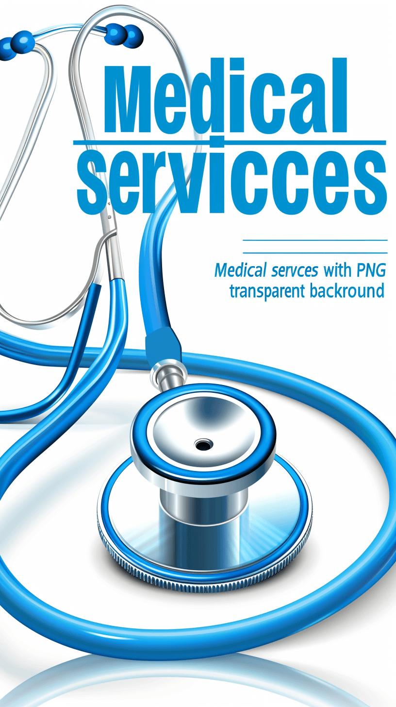 Medical services with a transparent background vector illustration in the style of white and blue color scheme. A stethoscope on the cover of a medical service poster design for a hospital or clinic in high resolution. 3D rendering with high quality, hyper realistic and sharp focus without blur on a clean background. Professional photography with sharp details in high definition.