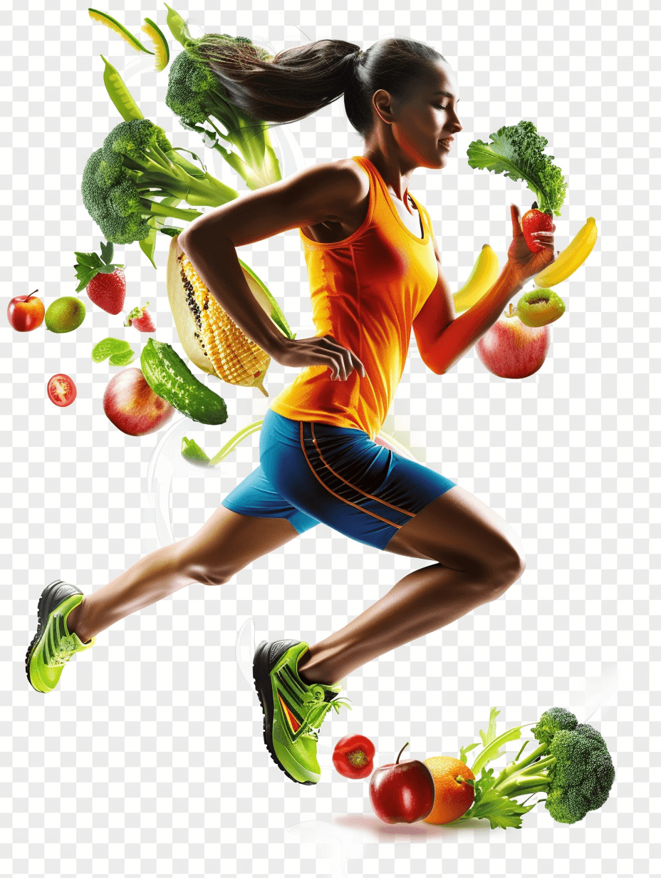 A woman in sportswear running, surrounded in the style of flying fruits and vegetables on a transparent background in PNG file format, in the illustration style.