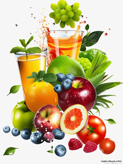 Illustration of a healthy lifestyle with fruit and vegetable juice. The glass is filled with colorful fruits and vegetables against a white background. It has a colorful splash design with vibrant colors representing the healthy eating concept. The vector graphic is highly detailed with a high resolution, professional photograph taken with studio lighting, HDR, and natural light to create depth of field. It is on an isolated white background in PNG transparent format for a sticker effect.