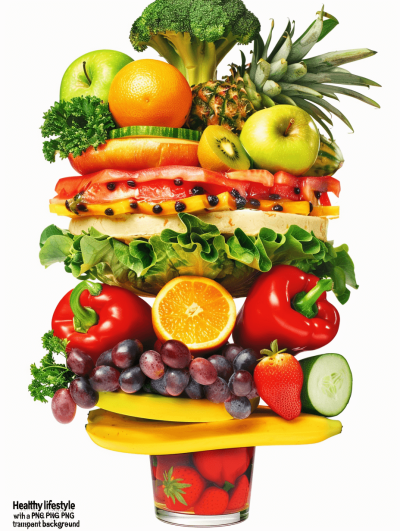 Visualize the concept of " maximalist healthy lifestyle . transparent background". Fruits and vegetables stacked on top of each other to form an impressive tower, symbolizing vitality and freshness. The color palette includes vibrant colors like reds, greens, yellows, oranges, and blues, representing different fruits such as apples, bananas, strawberries, grapes, green leafy vegetables including kale or lettuce. A glass filled with fresh water is placed at one end for drinking.