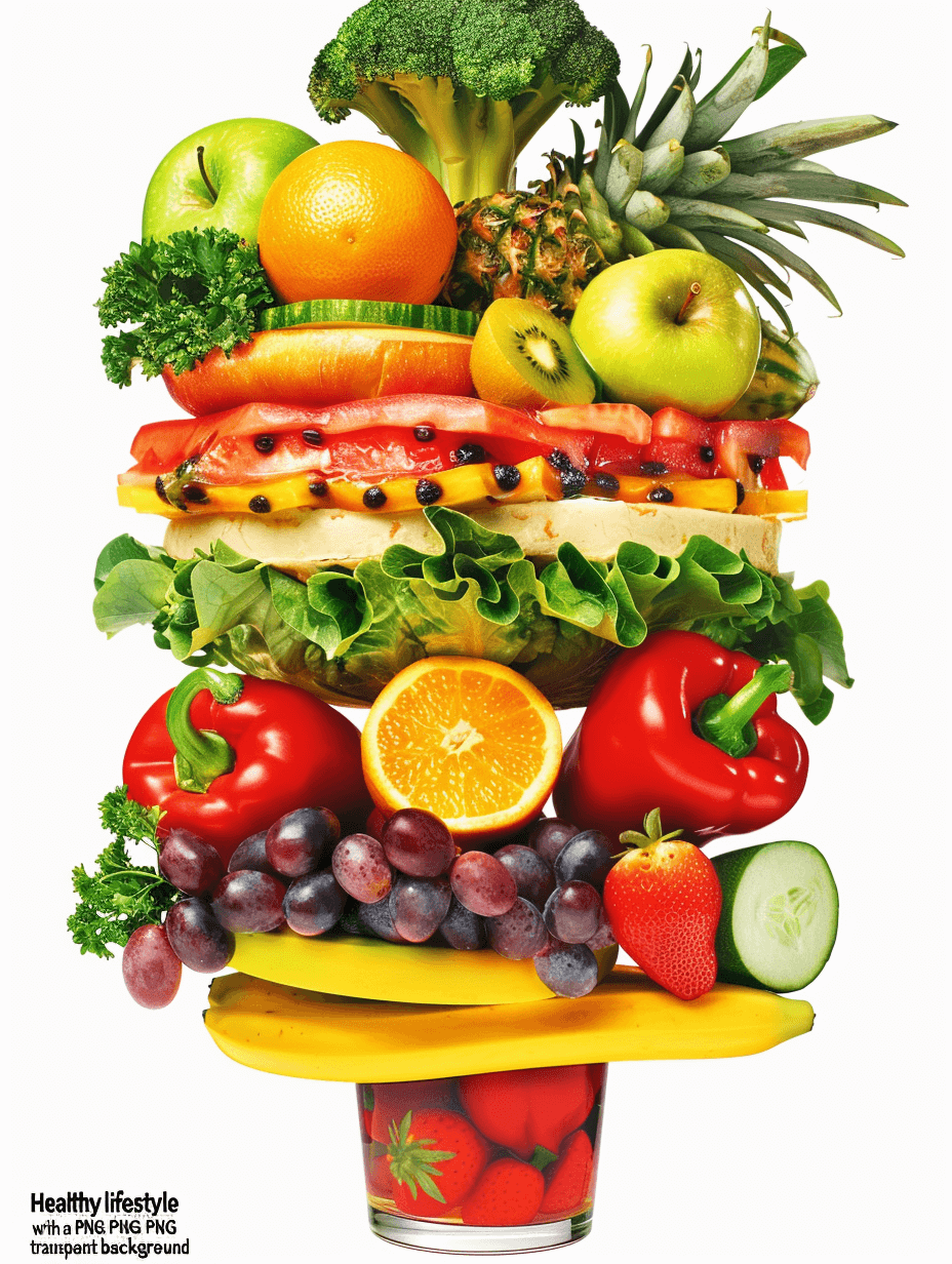 Visualize the concept of ” maximalist healthy lifestyle . transparent background”. Fruits and vegetables stacked on top of each other to form an impressive tower, symbolizing vitality and freshness. The color palette includes vibrant colors like reds, greens, yellows, oranges, and blues, representing different fruits such as apples, bananas, strawberries, grapes, green leafy vegetables including kale or lettuce. A glass filled with fresh water is placed at one end for drinking.