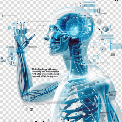 medical technology illustration of an human anatomy with transparent background, showcasing the complex structure and precision engineering behind their construction." in blue color on white isolated background, png