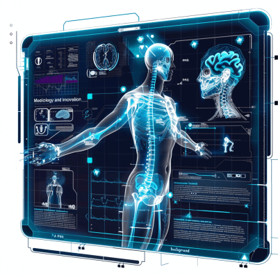 A futuristic medical interface displaying an illustration of the human body with biometric data and radiographic images, representing "Medicology innovation" in blue color on white background. The design includes elements like digital graphs, brain imagery, spine anatomy, glowing bioholographic icons for emotions, scientific annotations. It is designed to convey advanced technology use for dynamic health seamlessly blending modern aesthetics with detailed anatomical representation in the style of modern medical illustration.