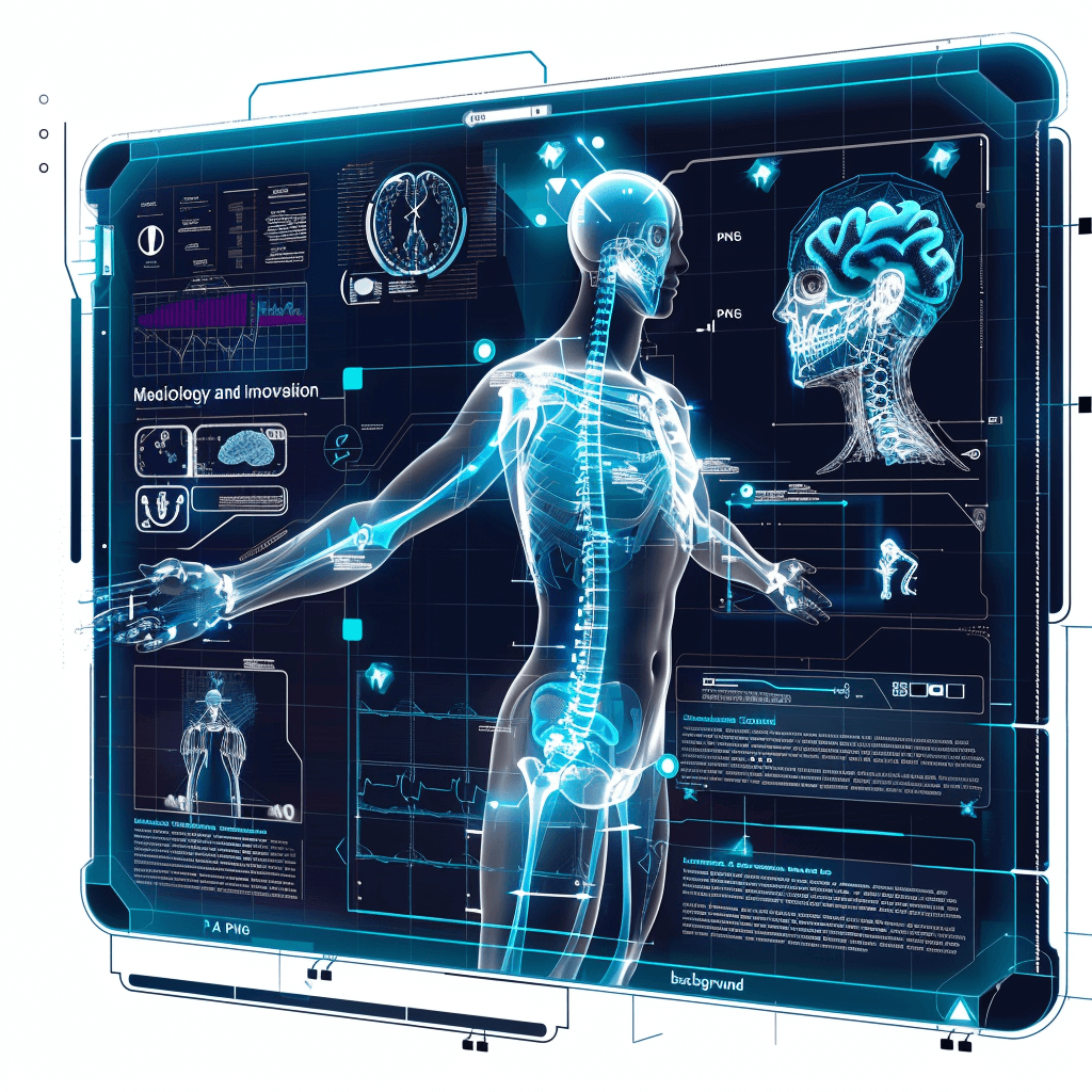 A futuristic medical interface displaying an illustration of the human body with biometric data and radiographic images, representing “Medicology innovation” in blue color on white background. The design includes elements like digital graphs, brain imagery, spine anatomy, glowing bioholographic icons for emotions, scientific annotations. It is designed to convey advanced technology use for dynamic health seamlessly blending modern aesthetics with detailed anatomical representation in the style of modern medical illustration.