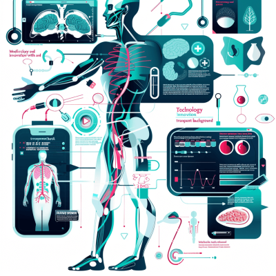 Medical and innovative vector illustration of human anatomy with medical technology elements, showcasing the integration between digital health data and physical body parts on a white background. Vector design for "Tech joyful innovation", infographics, business illustrations, and futuristic illustrations in the style of various artists.