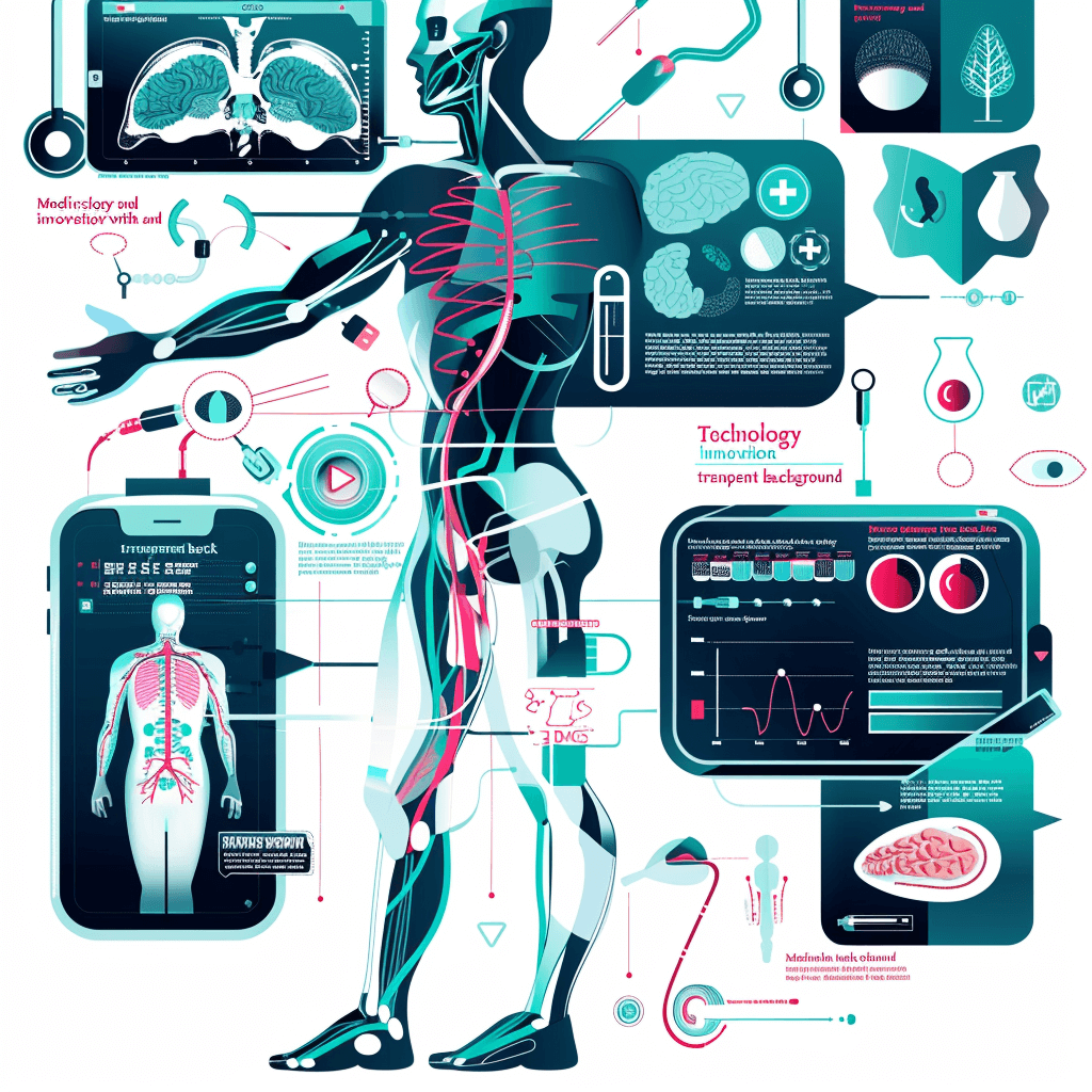 Medical and innovative vector illustration of human anatomy with medical technology elements, showcasing the integration between digital health data and physical body parts on a white background. Vector design for “Tech joyful innovation”, infographics, business illustrations, and futuristic illustrations in the style of various artists.