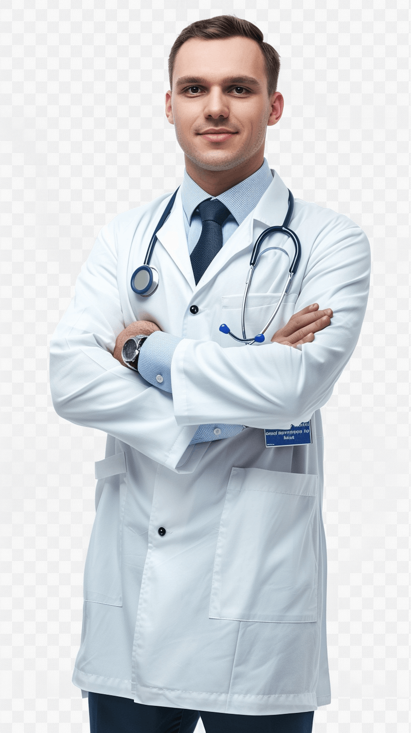 Handsome doctor in white coat with stethoscope, isolated on transparent background PNG file