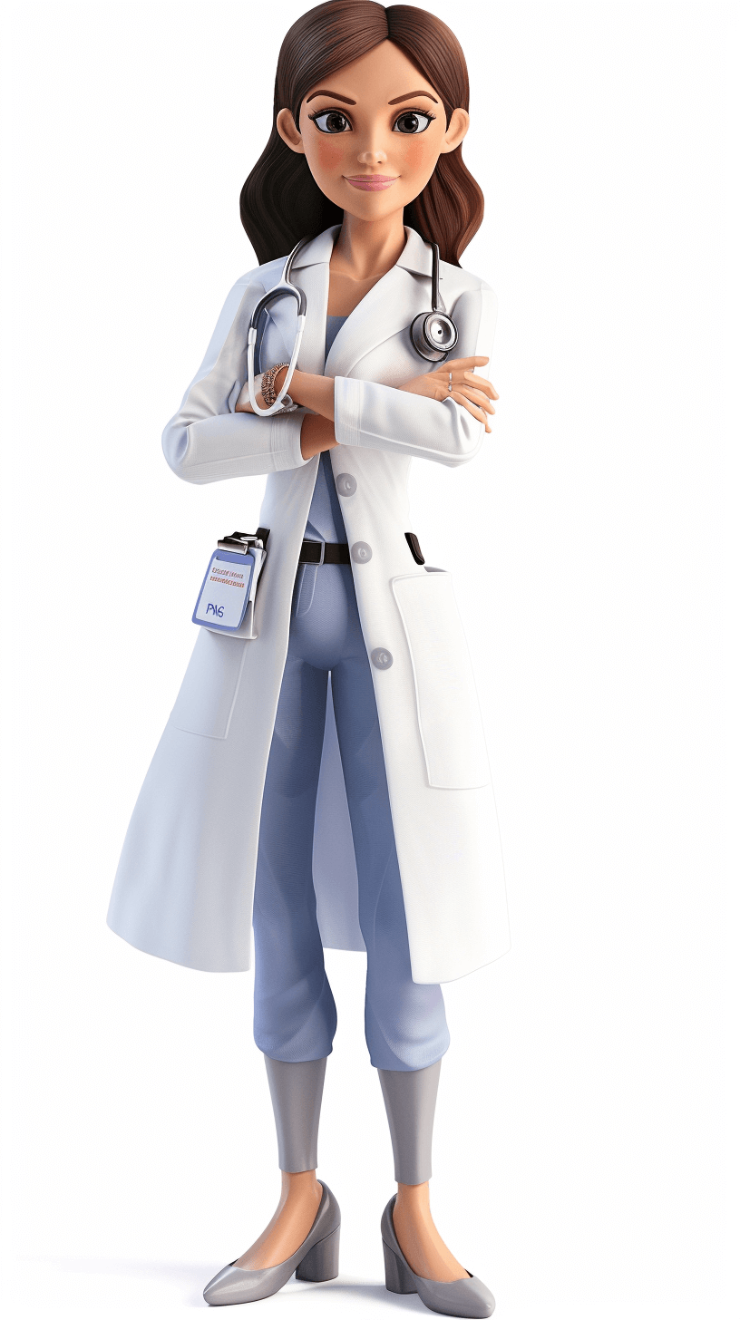 3D female doctor character, white coat and blue pants, no background, in the style of Disney Pixar.