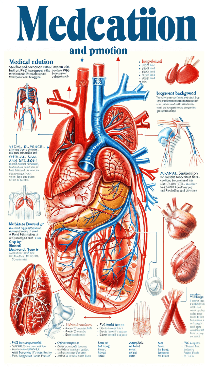 A detailed medical poster showing the anatomy of heart and tiles “Medicianation, movement” in bold letters at top center. In an illustrated style with clear lines depicting different parts like the aur怿OPENing, idolomachy between left or rightbox qartGMibes