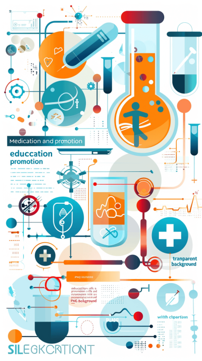 Create an illustration for "Medicines and education promotion" poster, featuring medical symbols such as test tubes, lab equipment, or icons representing science, educational elements like books or school emblems, health features like human figures with a transparent background. The design should convey the idea of getting people to Detail infographics, flow charts, tables. vector graphics, colorful, modern style