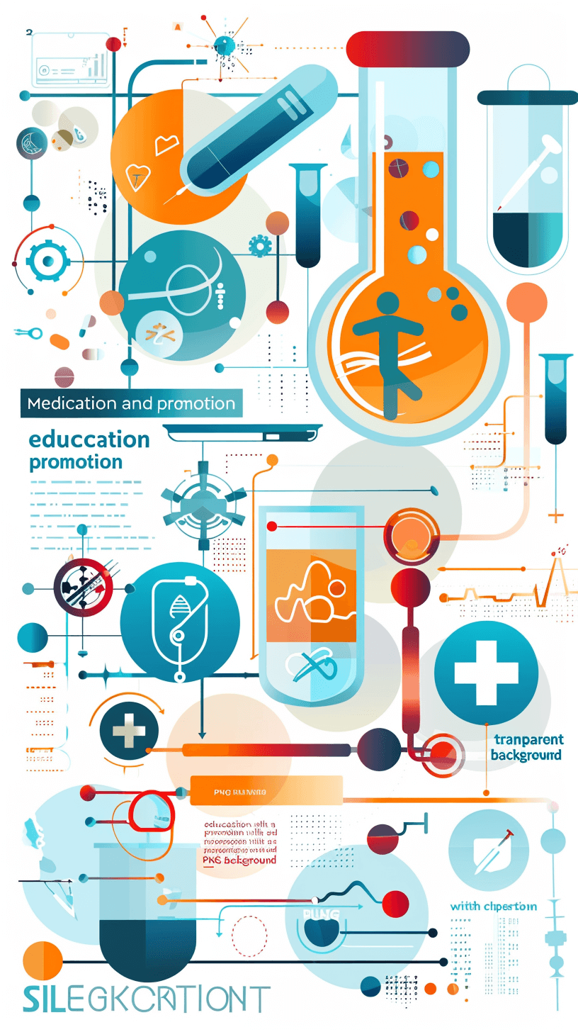 Create an illustration for “Medicines and education promotion” poster, featuring medical symbols such as test tubes, lab equipment, or icons representing science, educational elements like books or school emblems, health features like human figures with a transparent background. The design should convey the idea of getting people to Detail infographics, flow charts, tables. vector graphics, colorful, modern style