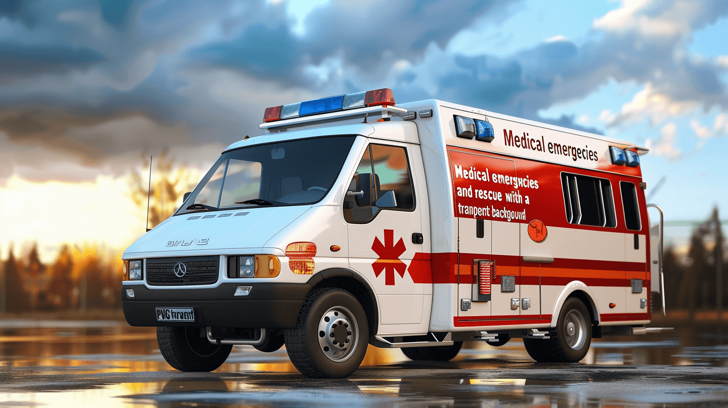 medical emergency and rescue with white ambulance on the background of sky “3d rendering, cartoon style, high resolution photography, high detail, cinematic light, hyperrealistic, stock photo