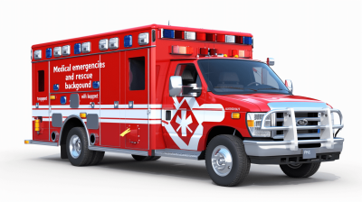 3d render of red ambulance with white background " medical gathering and rescue, no people or text" with an American Red Titanium car in front of it, white studio lighting, white background, isolated, hyper realistic, super detailed, 85mm lens f/2.0.