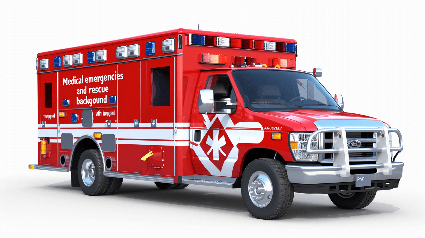 3d render of red ambulance with white background ” medical gathering and rescue, no people or text” with an American Red Titanium car in front of it, white studio lighting, white background, isolated, hyper realistic, super detailed, 85mm lens f/2.0.