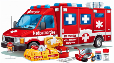 A cartoon vector illustration of an ambulance with first aid tools and medical supplies on a white background. The side of the emergency vehicle has red text "Medical tcies" and a blue cross sticker. The illustration is a vector in the style of an emergency vehicle with medical supplies and is on a transparent background.