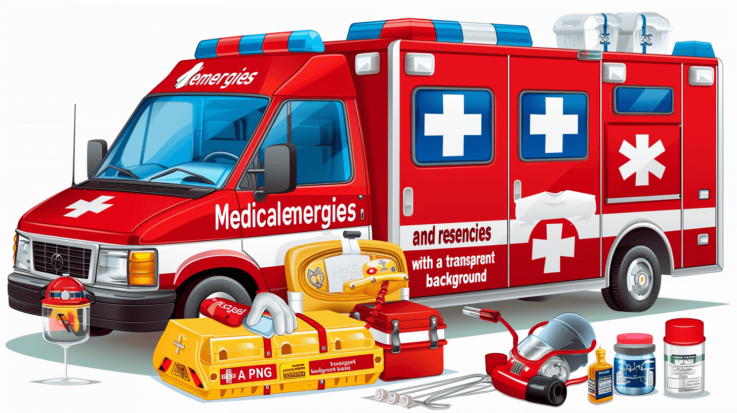 A cartoon vector illustration of an ambulance with first aid tools and medical supplies on a white background. The side of the emergency vehicle has red text “Medical tcies” and a blue cross sticker. The illustration is a vector in the style of an emergency vehicle with medical supplies and is on a transparent background.