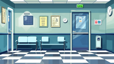 Vibrant vector illustration of a hospital waiting room, featuring cartoon style blue and white checkered floor tiles, waiting chairs with armrests, wall artwork, a door to the entrance, a clock showing early morning hours, and framed posters or billboards for advertising in a flat design style. The background has a clean, simple color scheme suitable for children's book illustrations or storybook art, capturing the essence of urban life and city living.