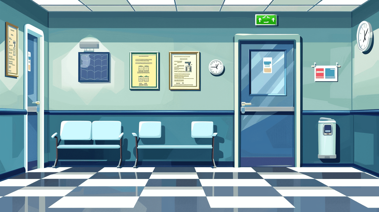 Vibrant vector illustration of a hospital waiting room, featuring cartoon style blue and white checkered floor tiles, waiting chairs with armrests, wall artwork, a door to the entrance, a clock showing early morning hours, and framed posters or billboards for advertising in a flat design style. The background has a clean, simple color scheme suitable for children’s book illustrations or storybook art, capturing the essence of urban life and city living.