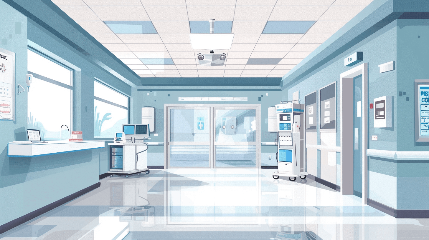 The hospital hall is clean and tidy, with flat illustrations in vector style. The room features white walls, blue windows, rectangular lights on the ceiling, an emergency door at one end of each wall, medical equipment such as mechanical tripods and robotic arms placed under cabinets, and digital information display panels mounted above. There was no human figure inside.,8k resolution, high details