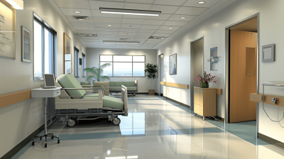 A hospital interior rendering with a modern and clean design. Natural light comes in through windows, with a high resolution and realistic style. No people or furniture are in the scene, which focuses on the details of the ceiling, walls, floor, and lighting. A subtle color scheme with green accents is used to create an inviting atmosphere. No text or letters are visible.