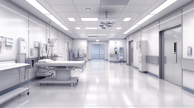 A modern hospital room with medical equipment and white walls, rendered in a realistic style with attention to detail on the clean floor and lighting. The background is a solid color of light gray, creating an atmosphere that emphasizes technology and precision. This setting includes typical features like furniture for patient care such as beds or operating tables, lighting fixtures, and medical devices hanging from ceiling or standing nearby.