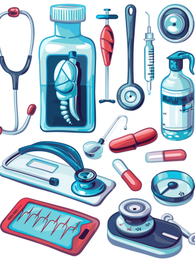 Vector illustration of medical equipment, including a stethoscope and medicine bottle, in the style of vector style on a white background, in the style of clip art cartoon style, in the style of vector art style, simple, cute, 2d game graphics, flat color, high resolution, detailed