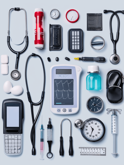 knolling medical equipment, including stethoscope and digital heart monitor device, arranged neatly on light blue background. The items include various health care tools such as syringe, pill bottle, sibilities cap, an overhead view of the scene showcasing each object with precision detail. The composition is symmetrical and balanced, creating a visually appealing and professional presentation for your stock images or graphic design projects.