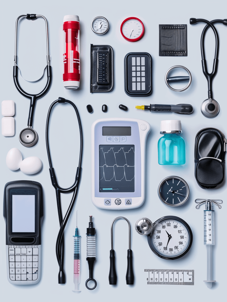 knolling medical equipment, including stethoscope and digital heart monitor device, arranged neatly on light blue background. The items include various health care tools such as syringe, pill bottle, sibilities cap, an overhead view of the scene showcasing each object with precision detail. The composition is symmetrical and balanced, creating a visually appealing and professional presentation for your stock images or graphic design projects.