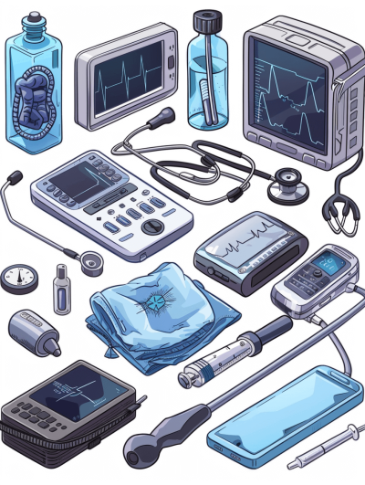 An vector illustration of various medical equipment, including an ECG monitor and stethoscope, arranged in the center on a white background. The items have detailed lines and blue color tones, with one piece featuring a digital display screen and another containing tubes for oil or water. A cloth is neatly folded nearby, and there is also a smartphone displaying health data graphics. There should be no shadows to emphasize a clean, flat design style in the style of flat design.