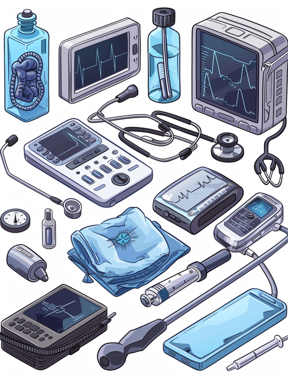 An vector illustration of various medical equipment, including an ECG monitor and stethoscope, arranged in the center on a white background. The items have detailed lines and blue color tones, with one piece featuring a digital display screen and another containing tubes for oil or water. A cloth is neatly folded nearby, and there is also a smartphone displaying health data graphics. There should be no shadows to emphasize a clean, flat design style in the style of flat design.