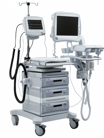 The medical equipment on the trolley includes anVECTOR with three display screens, A megaphone speaker and two".2" white tubes connected to each other by black cables and placed in front of them is a table made up of four acrylic layers. The background color should be pure white. There must not be any text or images on it. No shadows were seen in the photo. This design has been created using vector graphics software such as Adobe Illustrator.