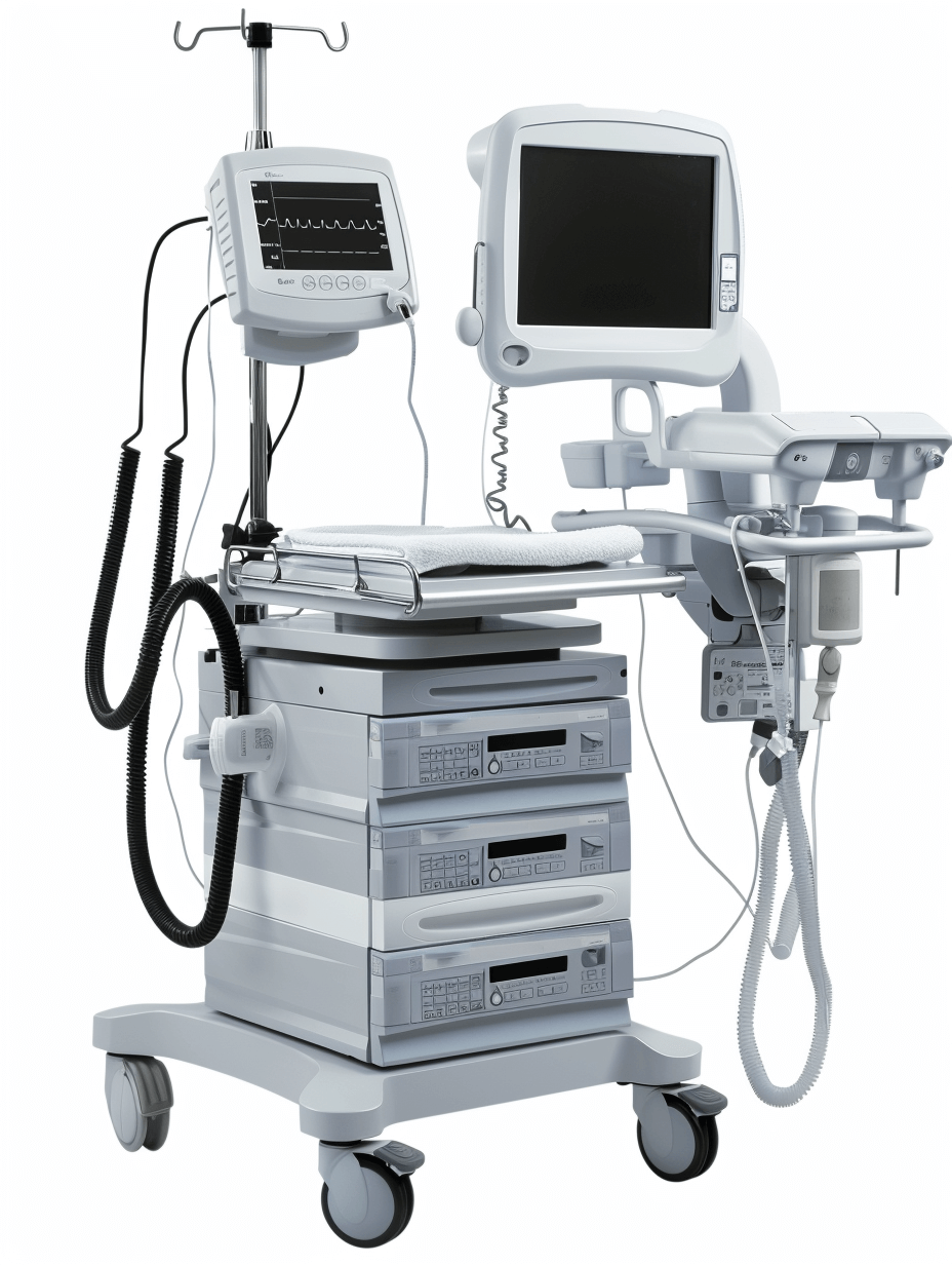 The medical equipment on the trolley includes anVECTOR with three display screens, A megaphone speaker and two”.2″ white tubes connected to each other by black cables and placed in front of them is a table made up of four acrylic layers. The background color should be pure white. There must not be any text or images on it. No shadows were seen in the photo. This design has been created using vector graphics software such as Adobe Illustrator.