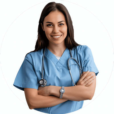 beautiful smiling nurse in blue scrubs with a stethoscope around her neck, wearing a watch on her left wrist and holding her arms crossed with a white background, transparent png, no cut off from the shoulders of her shirt, transparent circle frame with a white background, high resolution image.