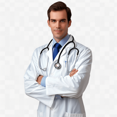 Handsome doctor with stethoscope in an arms crossed pose against a white background. Transparent PNG file in the style of vector graphics with professional photography at a high resolution and high detail. Hyper quality and hyper realistic portrait in the style of a smiling doctor wearing a white coat and blue tie.