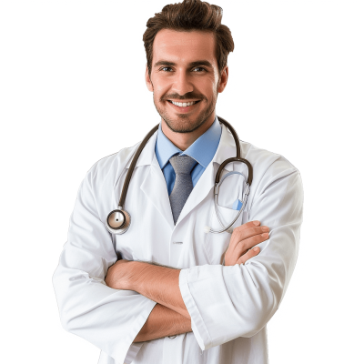 Handsome male doctor smiling with arms crossed isolated on white background, detailed png photo stock, ultra realistic style photography, professional photography in the style of a cinematic style.