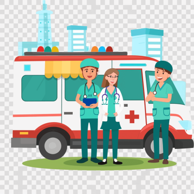 The cartoon illustration of the medical team standing next to an ambulance is set against the background of city buildings. The flat design style uses simple shapes and minimal details with bright colors such as green for doctors' uniforms and blue or white colors for ambulances. The clip art sticker vector graphic is on a transparent png background in the style of flat design.