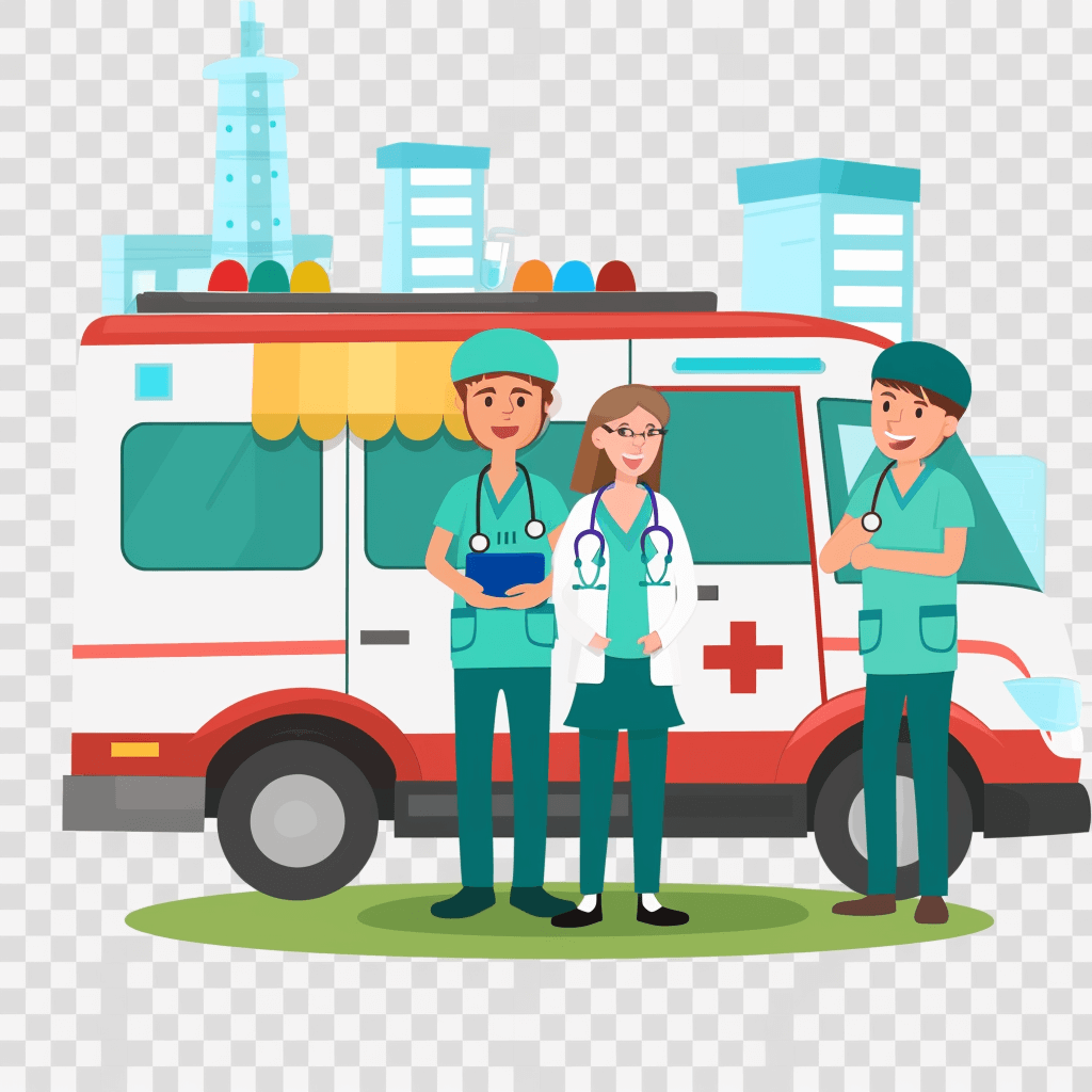 The cartoon illustration of the medical team standing next to an ambulance is set against the background of city buildings. The flat design style uses simple shapes and minimal details with bright colors such as green for doctors’ uniforms and blue or white colors for ambulances. The clip art sticker vector graphic is on a transparent png background in the style of flat design.